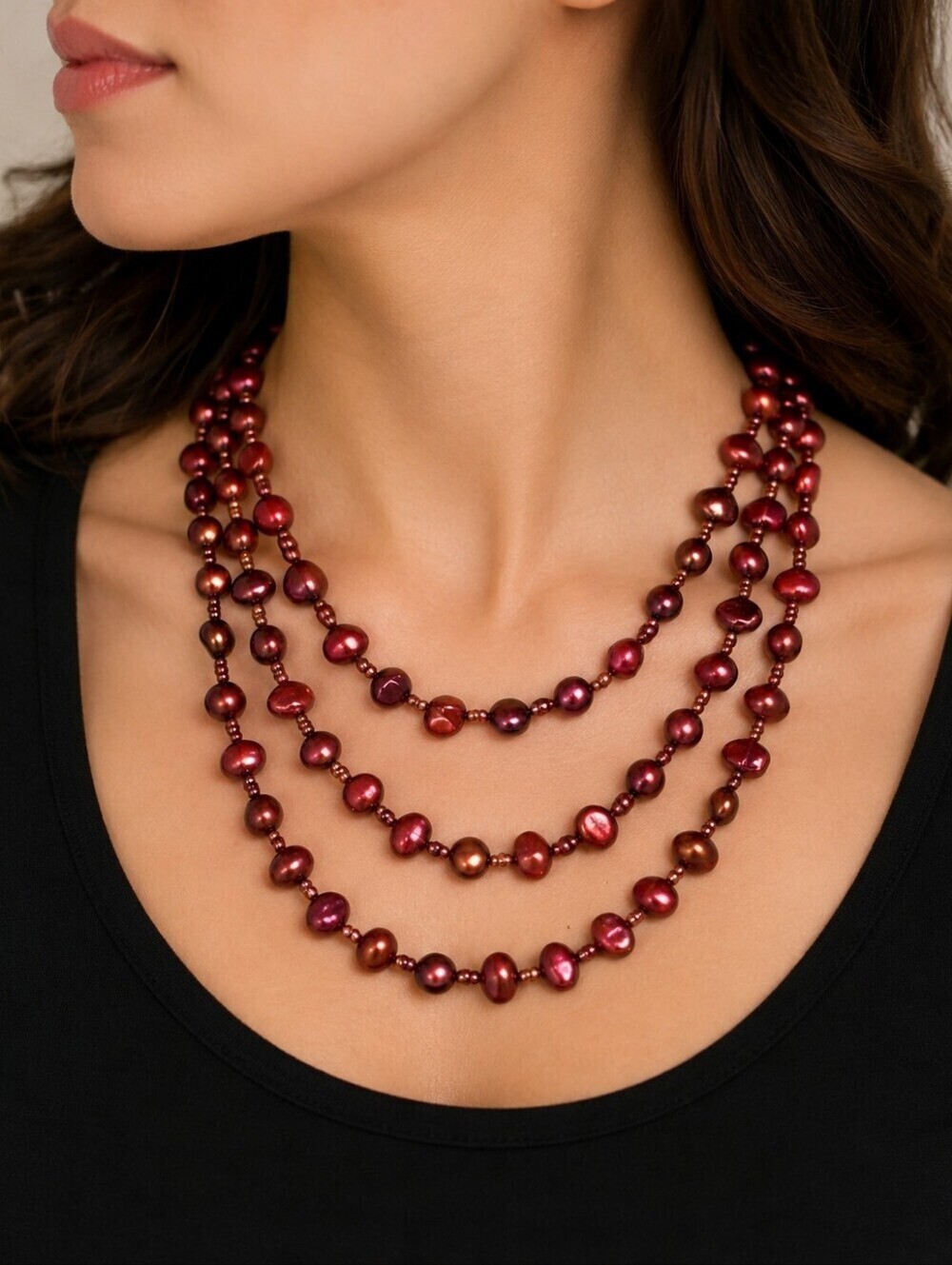 Vintage 1990s Cranberry Freshwater Pearl Glass Bead Layered Holiday Necklace
